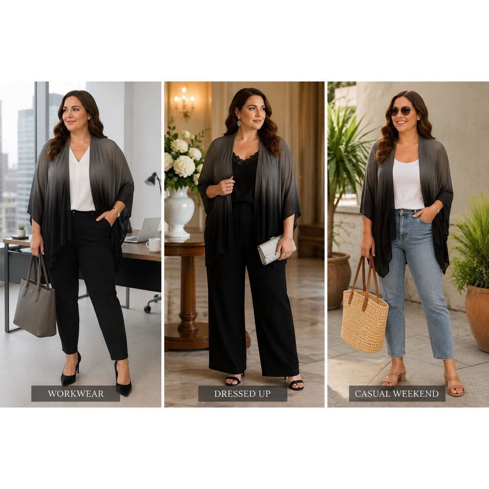 MIXIT Gray Black Ombre Kimono Cardigan Shawl Wrap One Size Fits Up to 2X NWOT Bo